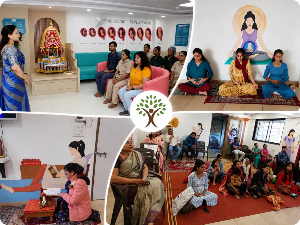 Collage of group sessions, prayer and yoga at the clinic