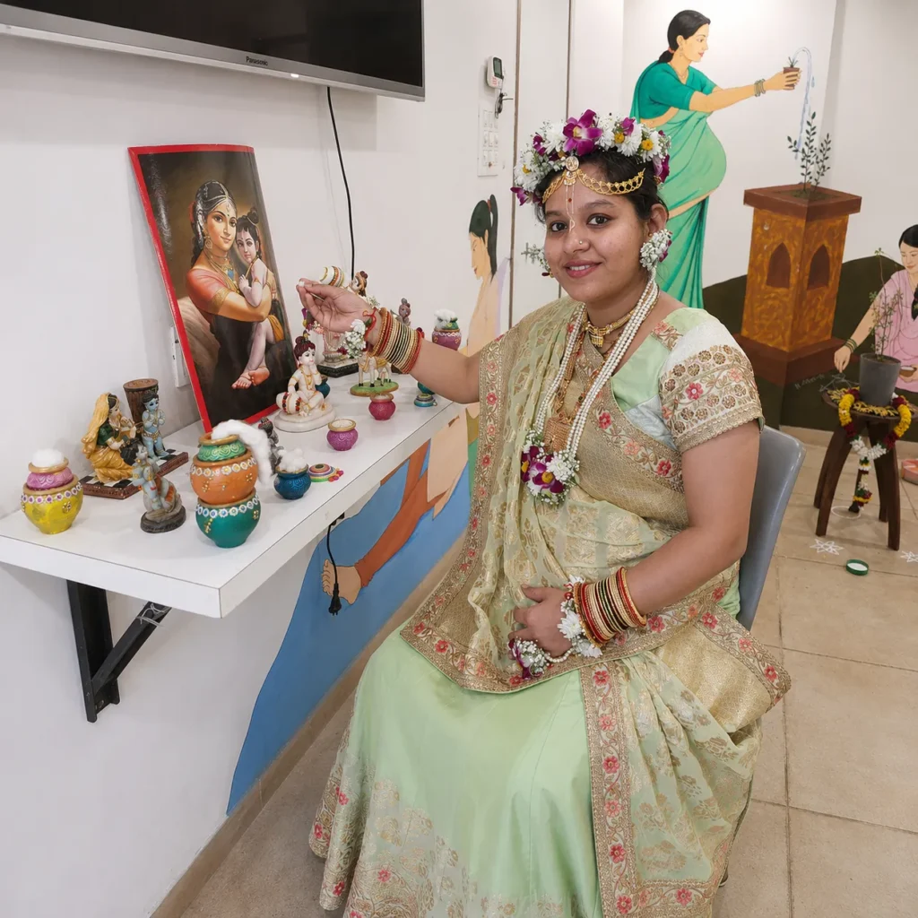An expectant mother in a traditional Garbhasanskar ceremony at the clinic