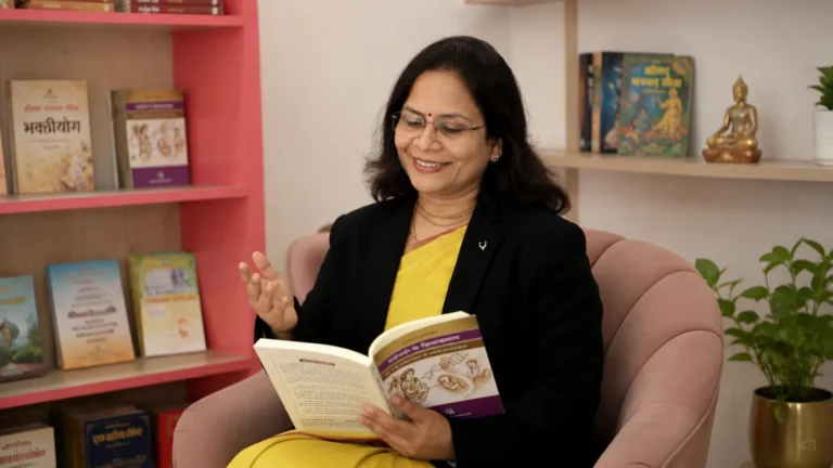 Dr. Vaidehi Deodhar reading from a Garbhasanskar book