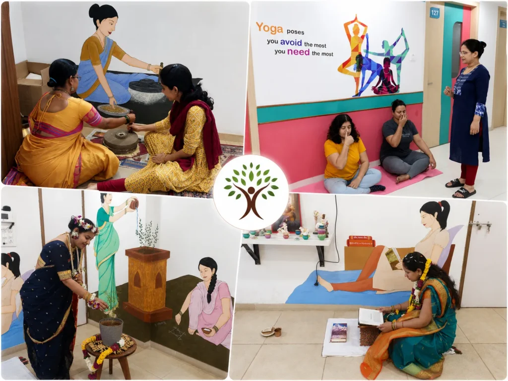 Collage of yoga, meditation and wellness spaces at the clinic
