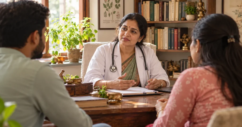 Ayurvedic doctors in Nashik guiding a couple during a consultation