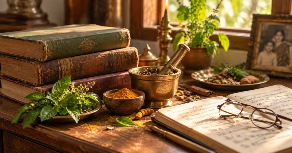 Ayurvedic books, herbs and notes from Dr. Vaidehi Deodhar's family legacy