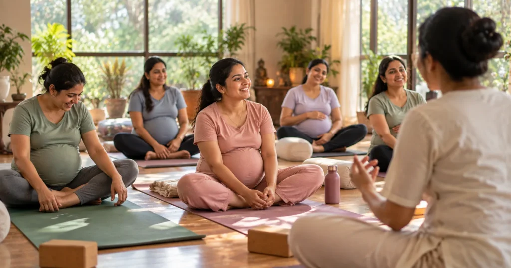 Expectant mothers during Garbhasanskar activities and prenatal yoga