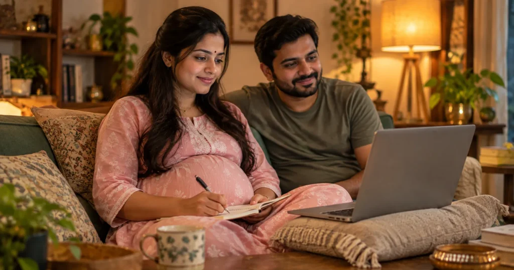 Couple joining a Garbhasanskar webinar online from home