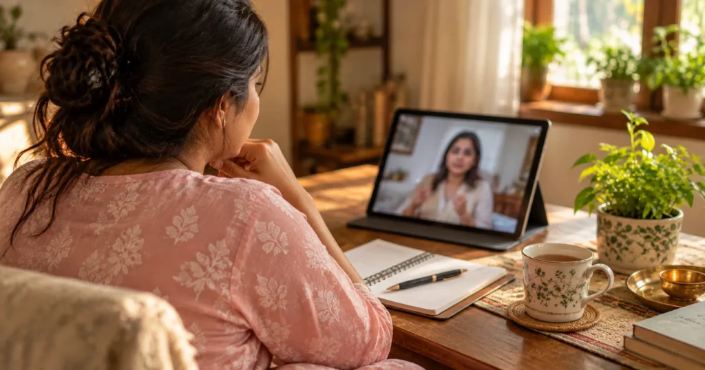Woman on an online Ayurvedic consultation video call