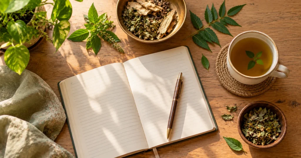 Ayurvedic herbs and notebook for our terms and conditions